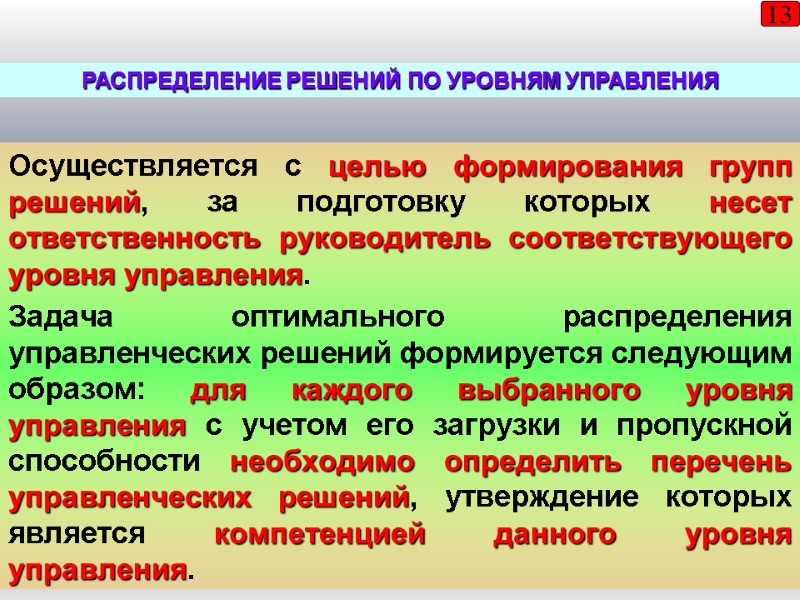 13 Осуществляется с целью формирования групп решений, за подготовку которых несет ответственность руководитель соответствующего